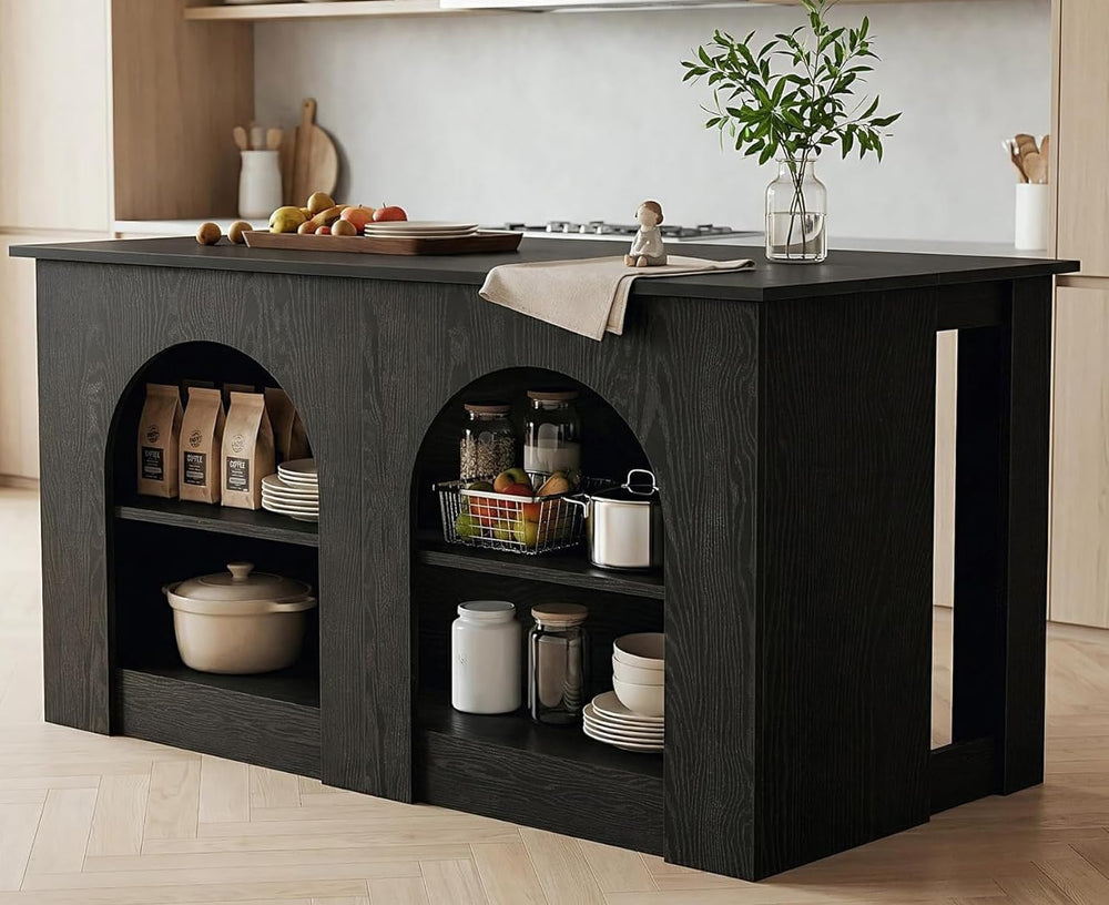 LITTLE TREE 55” Kitchen Island with Seating and Storage, Modern Black Wood St...