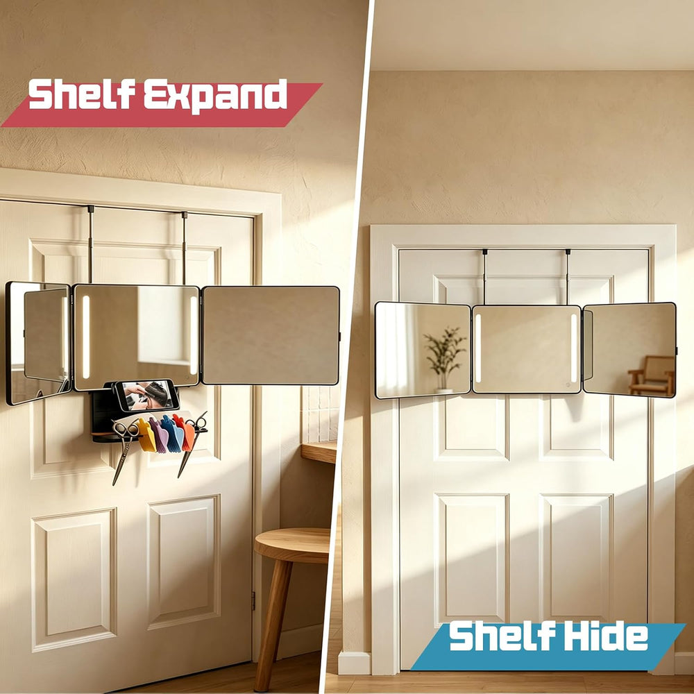 3 Way Mirror for Self Hair Cutting with Storage Shelf, LED Lights
