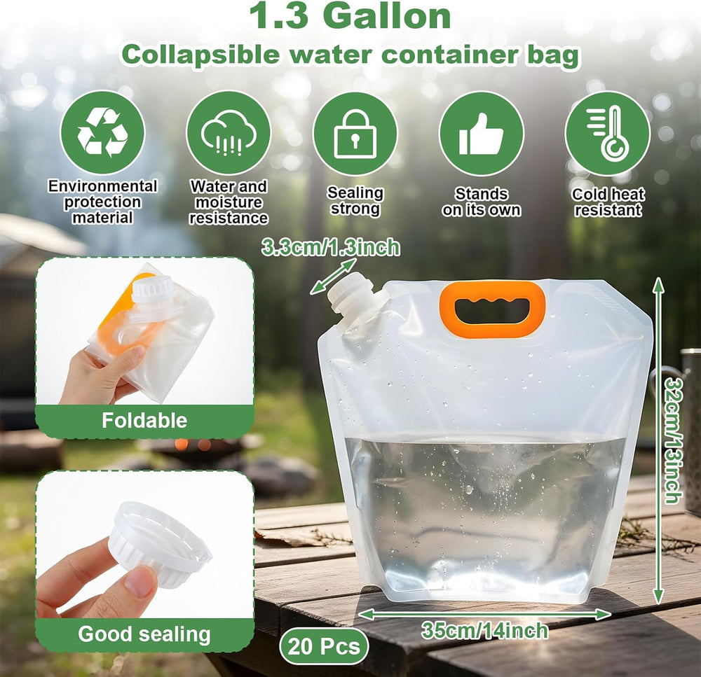 20Pcs 1.3Gallon Collapsibles Water Container Bag Bulk, Emergency Container Ca...