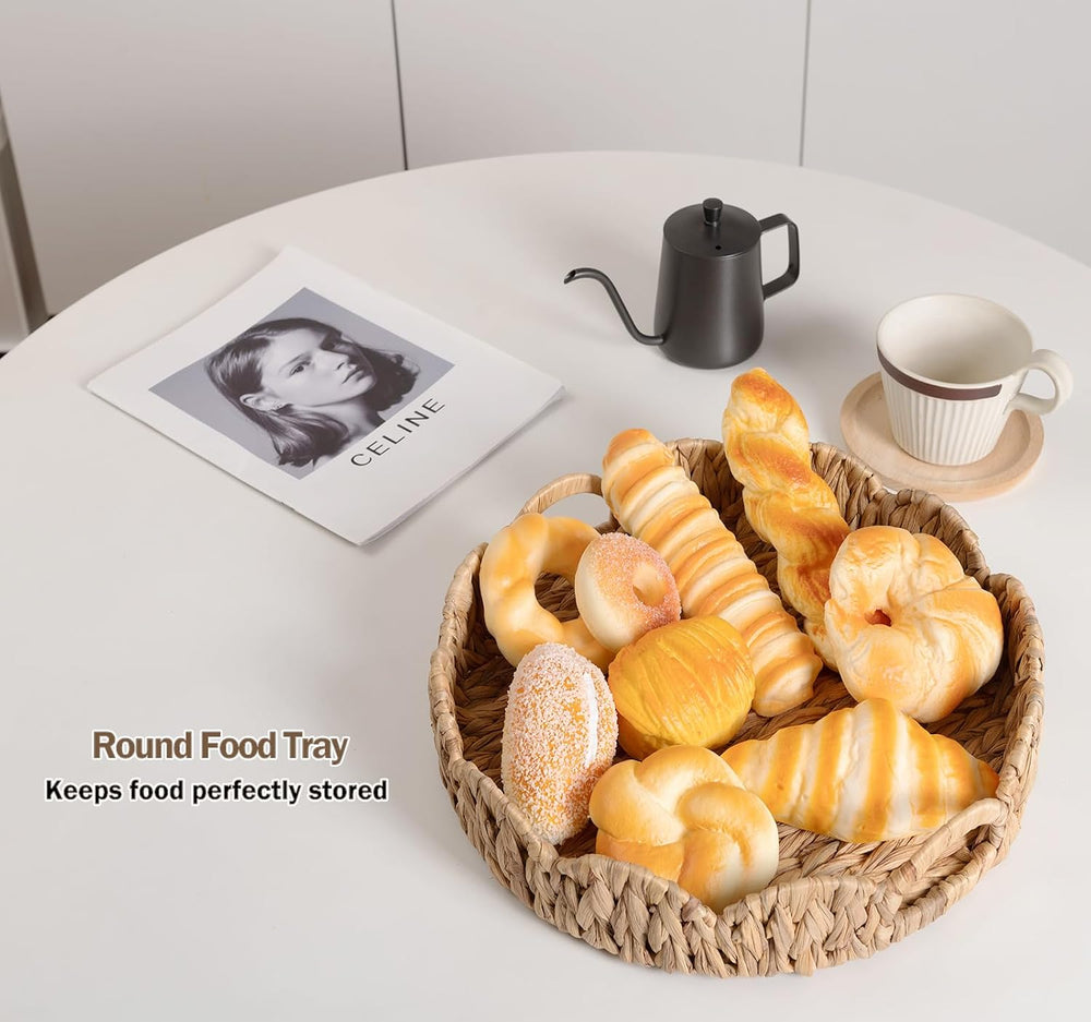 2-Pack Wicker Basket Tray, Round Serving Tray with Handles, Rattan Woven Deco...