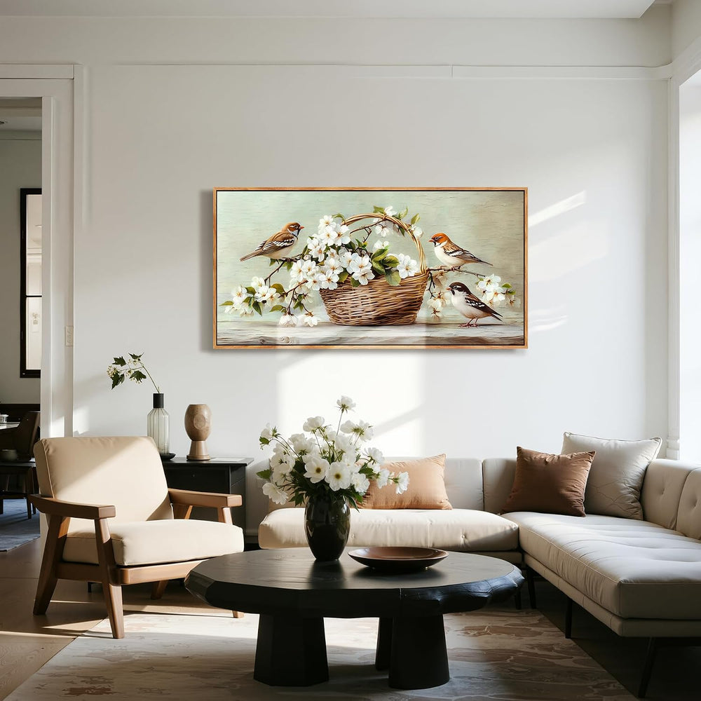 Kinetrix Farmhouse Floral Bird Framed Wall Art Large Flower Decor Neutral