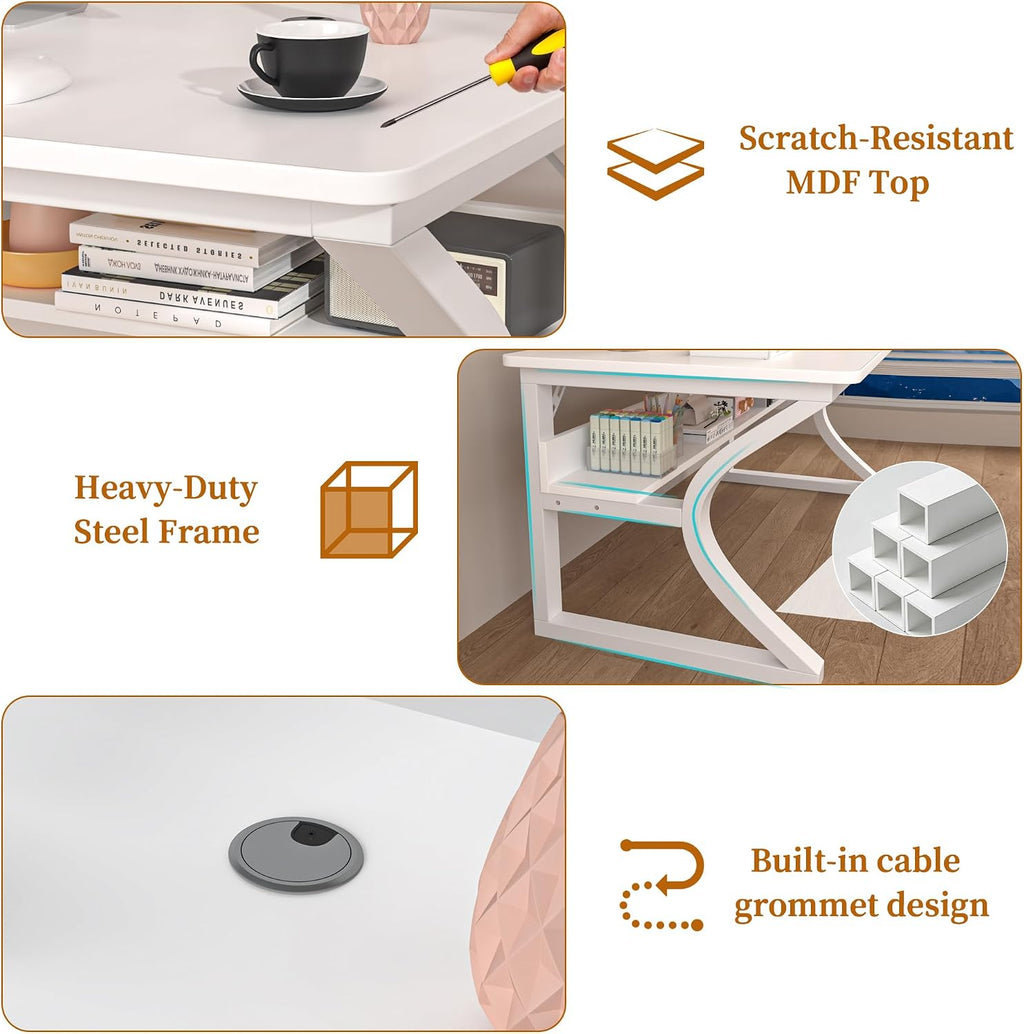 55 inch Computer Desk, Home Office Desk with Storage Shelf, Sturdy U-Shaped Metal Frame Study Table with Cable Management, Gaming Desk for Office & Bedroom (White, 55inch)