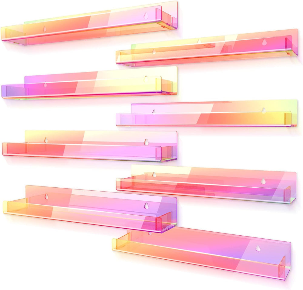 8 Pack 15 Inch Iridescent Acrylic Floating Wall Shelves, Rainbow Shelves