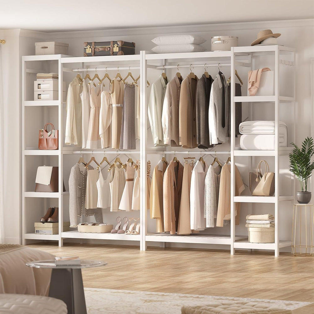 Homykic Bamboo Clothing Rack with 7 Adjustable Shelves, 2 Hang Rods, White
