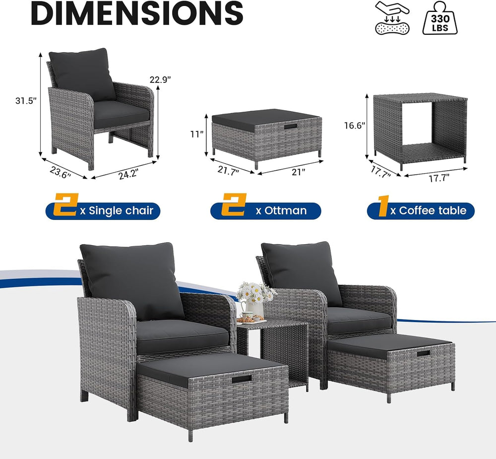 UDPATIO Balcony Furniture, Space-Saving Patio Chairs with Ottoman