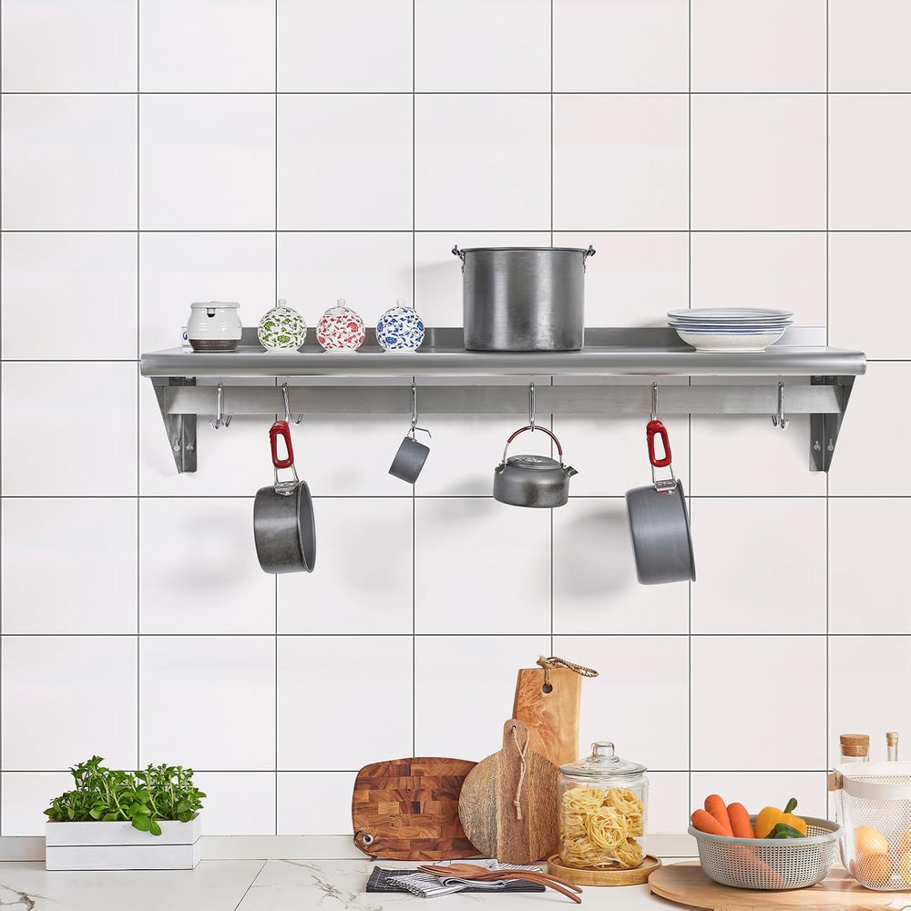 Hally Stainless Steel Shelf with 4 Hooks 12"x24" Wall Mounted Pot R...