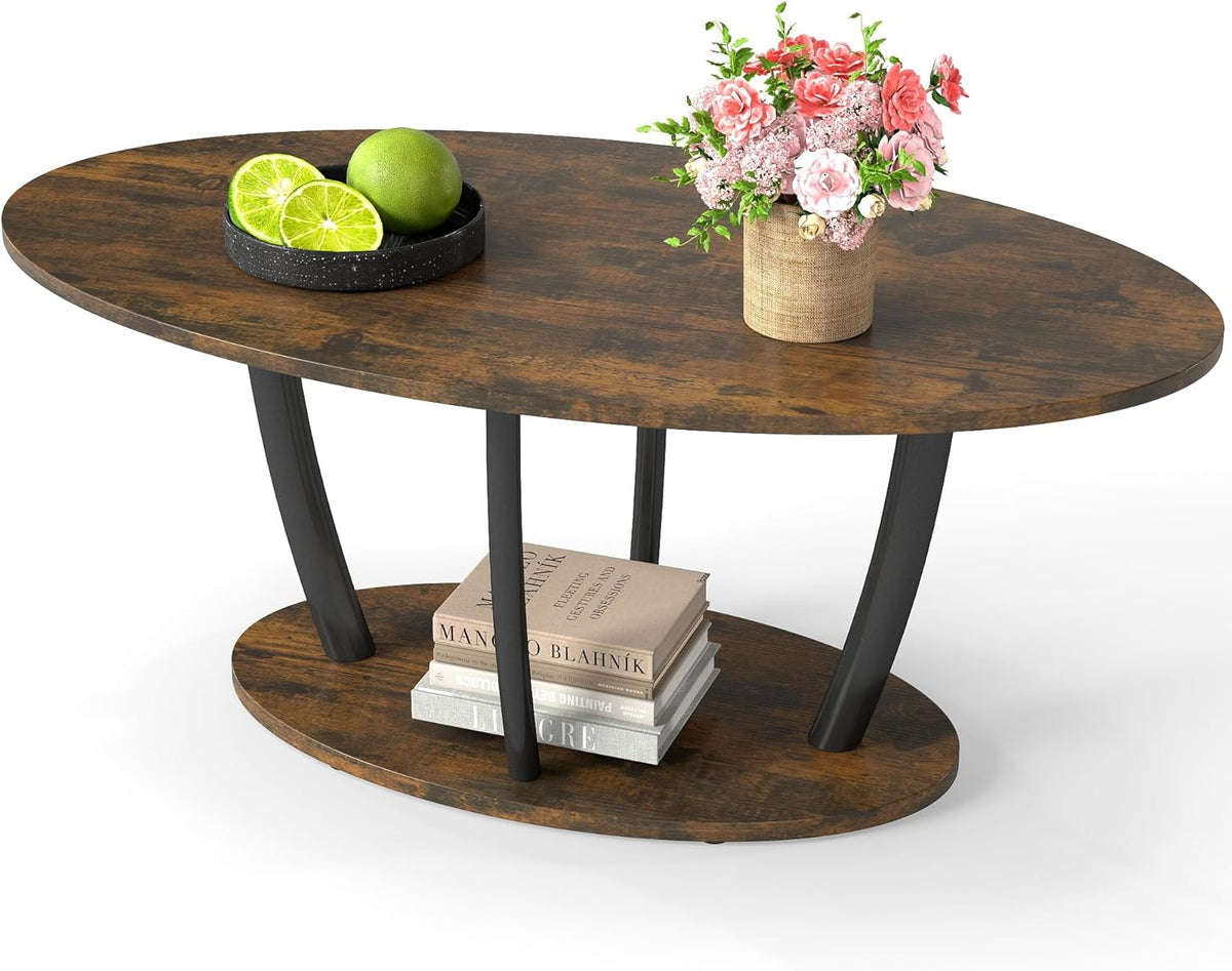 Manora Rustic Small Oval Coffee Table for Living Room, Narrow Wood Center Table with Shelf, Retro Style Coffee Table with Curved Metal Legs, Stable and Easy Assembly, Dark Brown