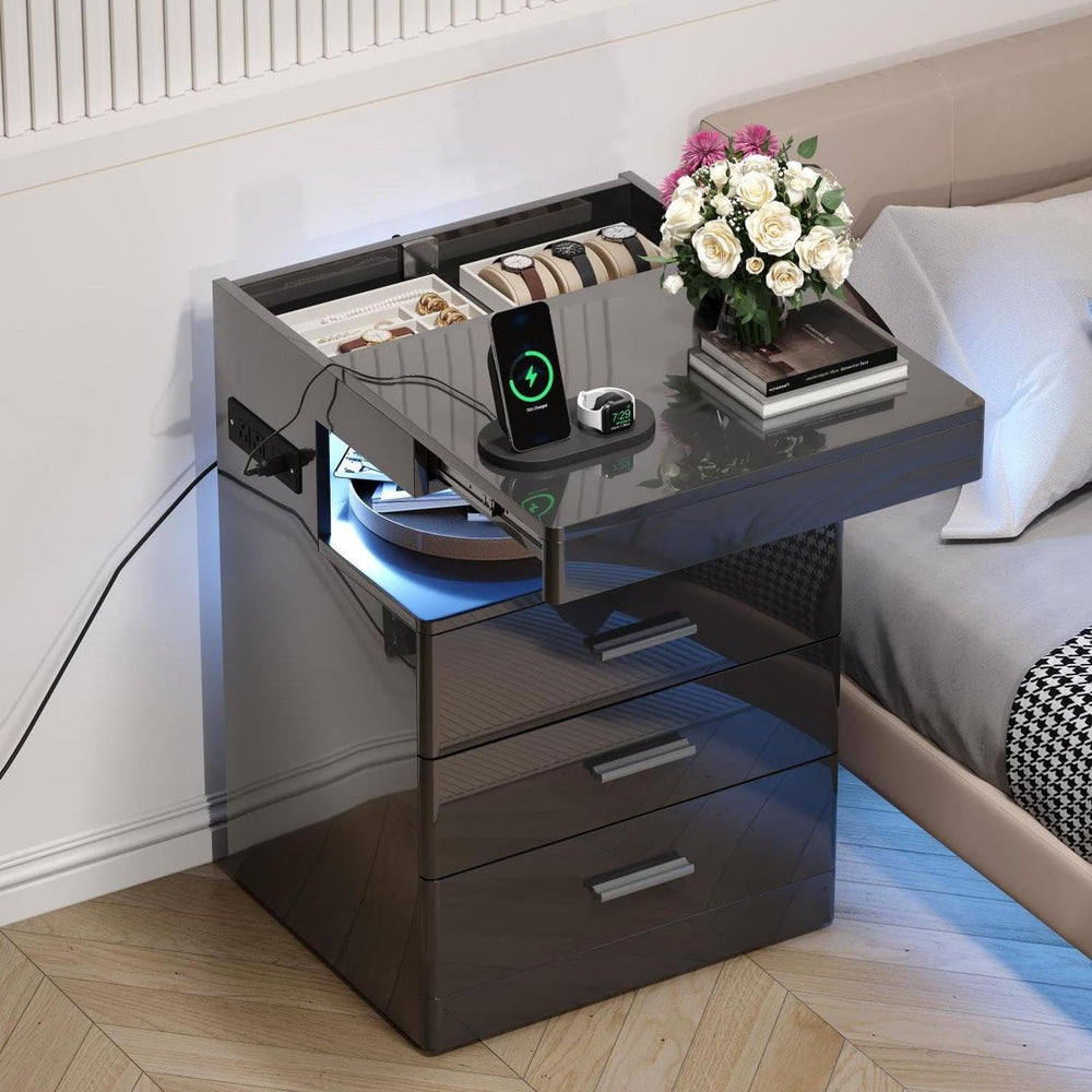 Treocho Led Nightstand with Hidden Space & Charging Station