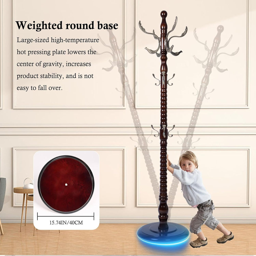 Coat Rack Stand, Solid Wooden Coat Tree with 14 Hooks, Heavy Duty Coat Rack F...