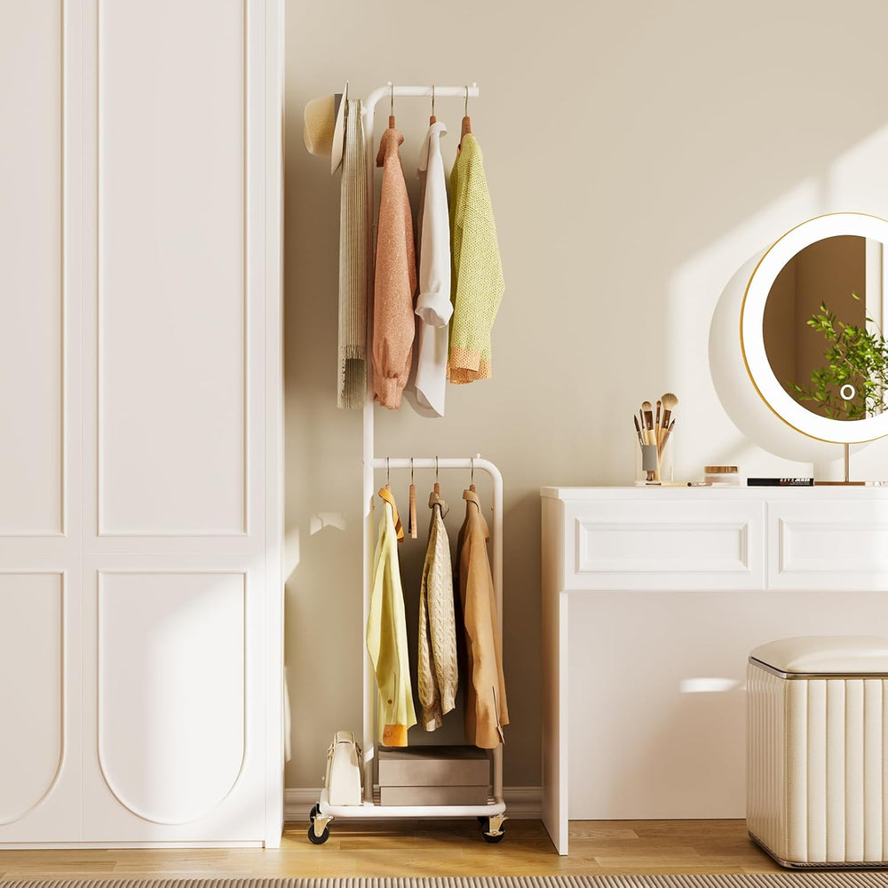 Small Rolling Clothing Rack with Shelf, Narrow Clothes Rack with Wheels