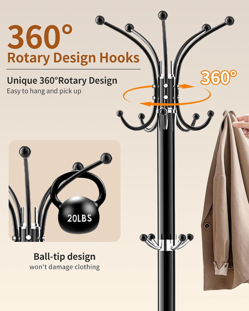 Metal Coat Rack Freestanding with 360°Rotary 14 Hooks Marble Base