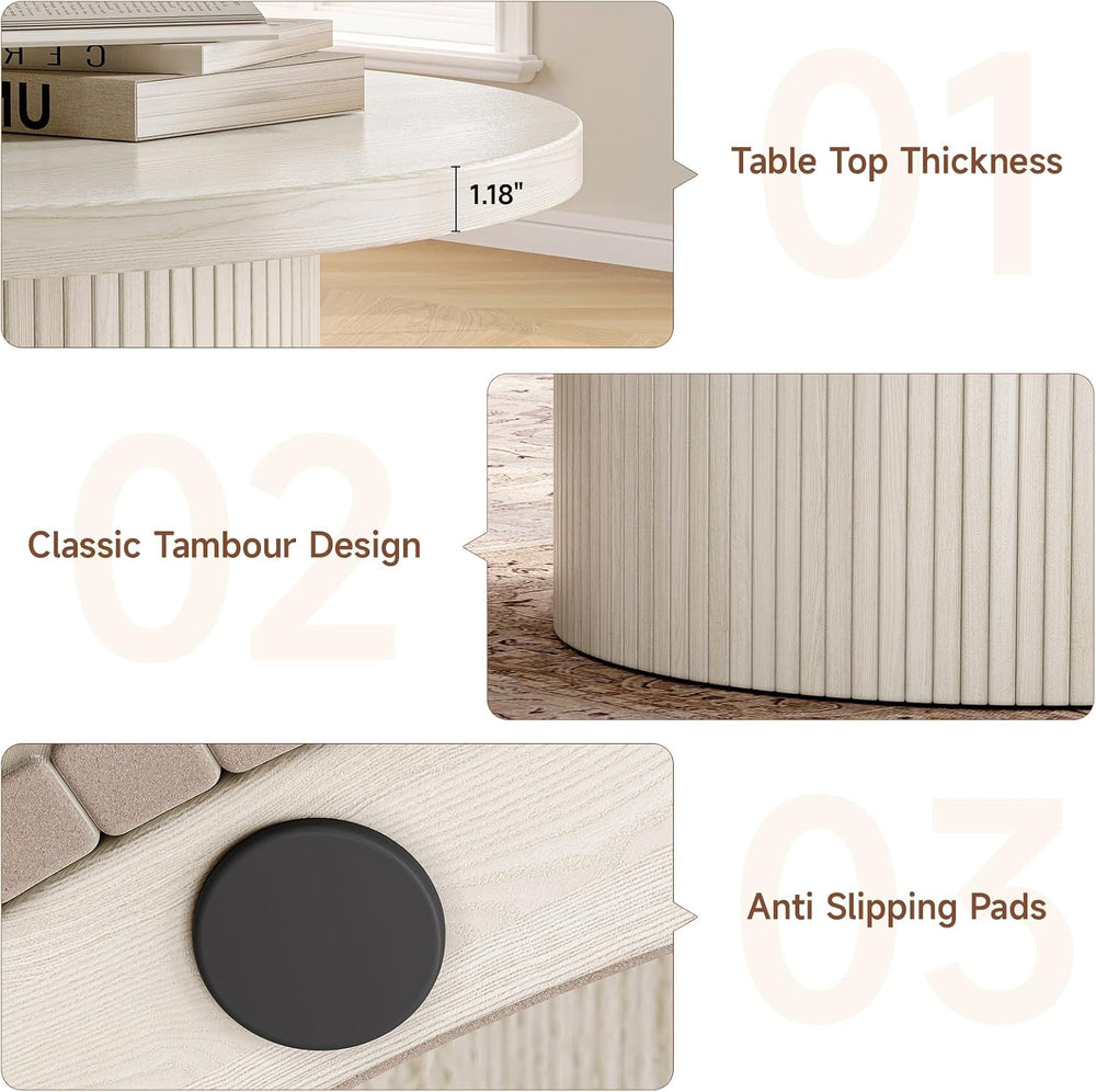 ONBRILL 31.5" Round Coffee Table, Tambour Design, White