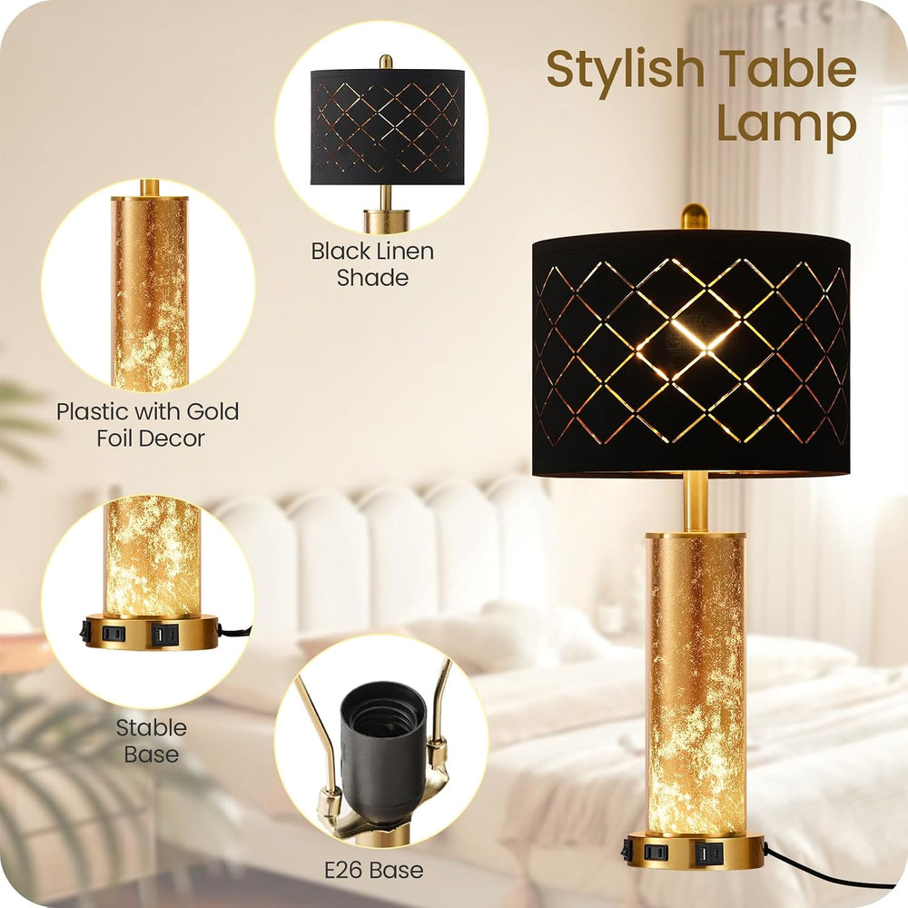 25.6" Black Table Lamps Set of 2, Tall Bedside Lamps with Nightlight, Mo...