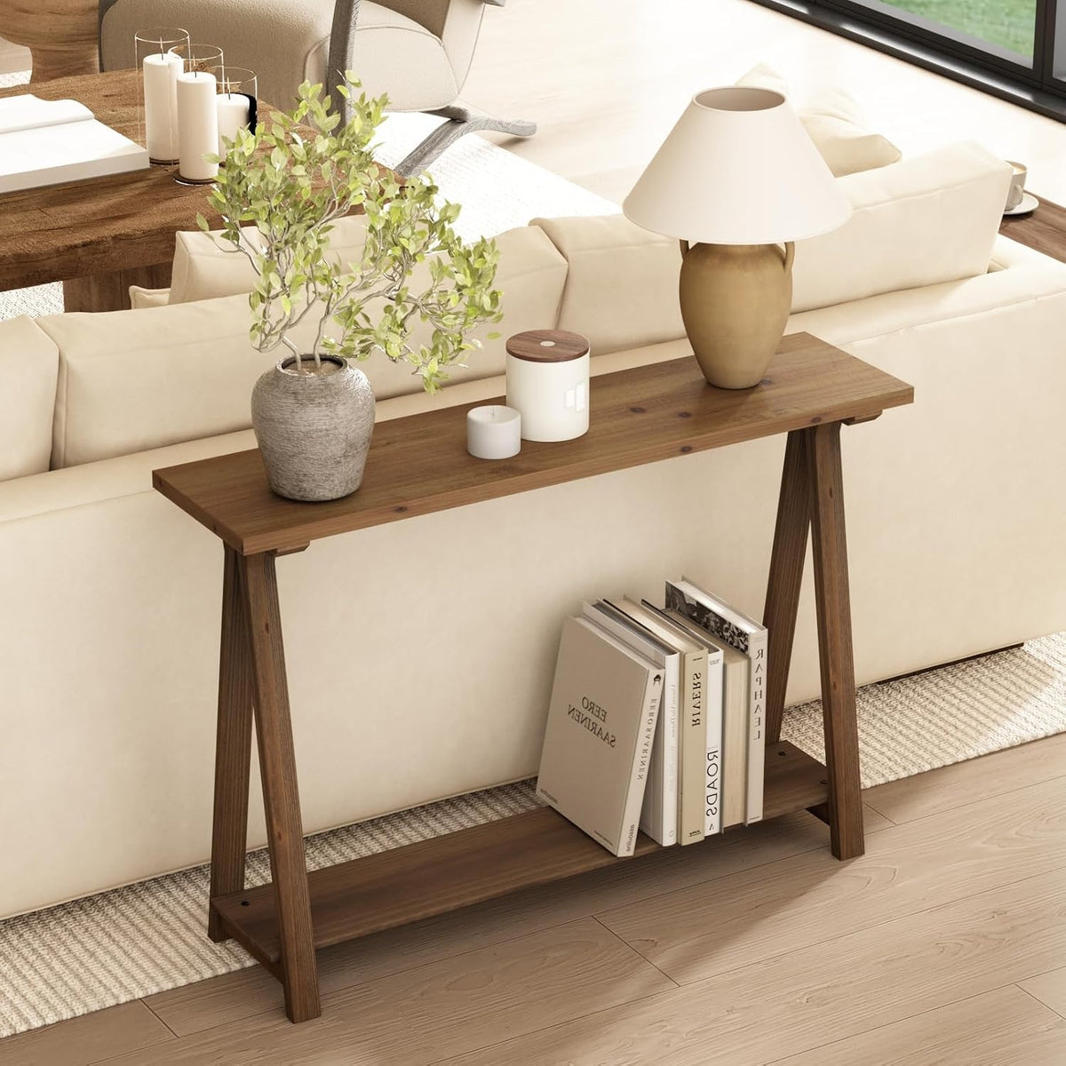 43" Solid Wood Farmhouse Console Table for Living Room, Natural