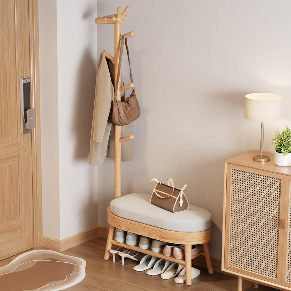 AQIMUELE Shoe Bench with Coat Rack, Shoe Rack with 9 Hooks, Natural