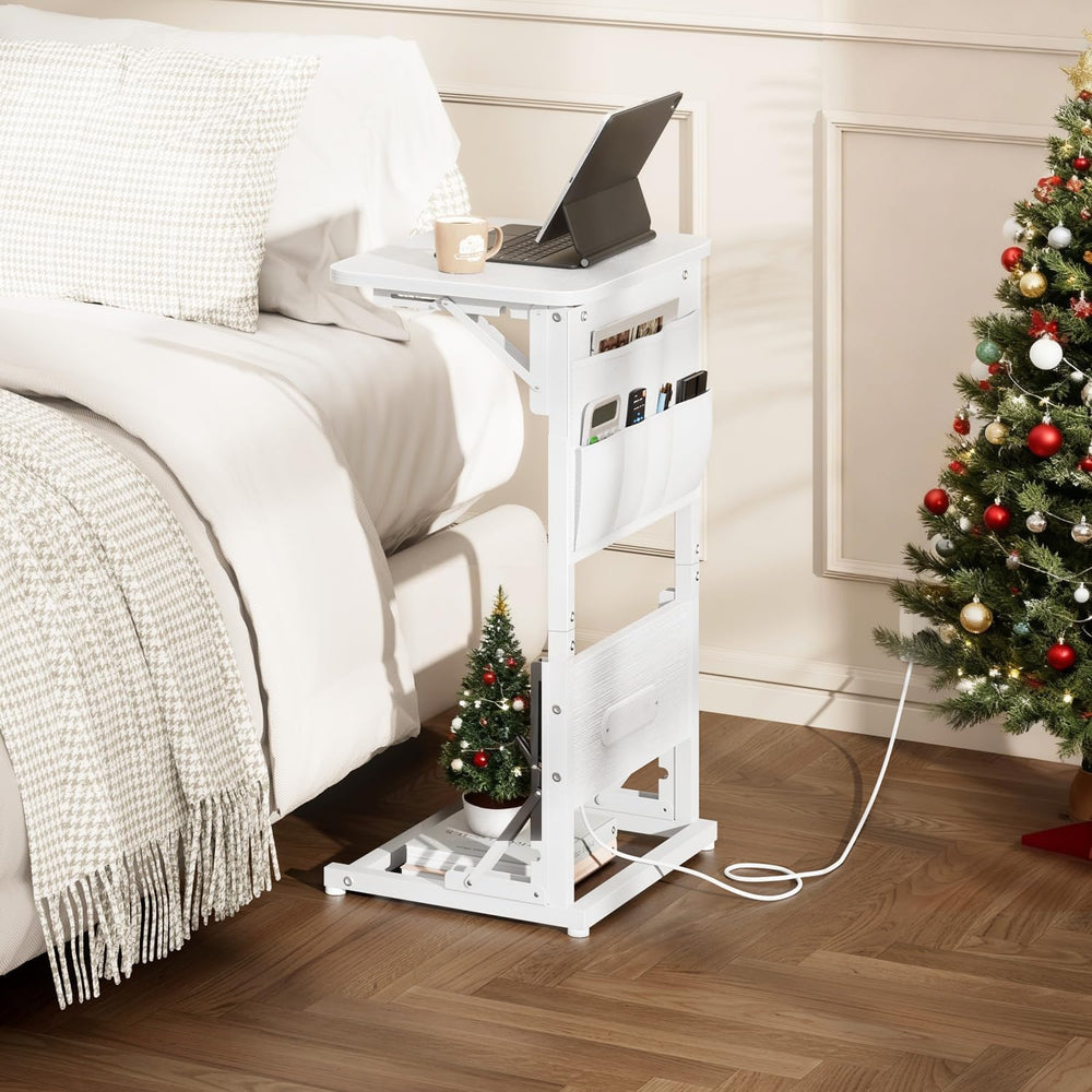 HLDIRECT C Shaped End Table with Charging Station & Storage Bag White