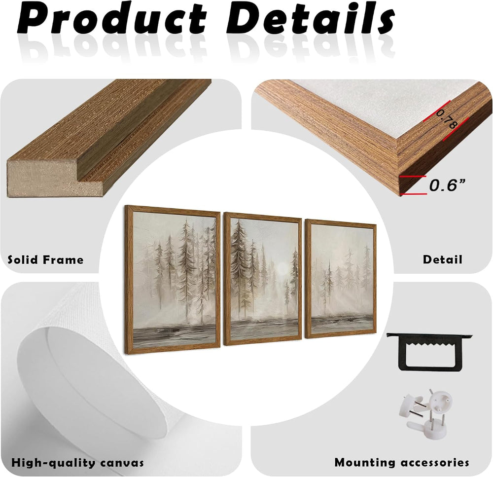 Urmoya Triptych Neutral Misty Forest Framed Canvas Wall Art, 12x16 inch x3