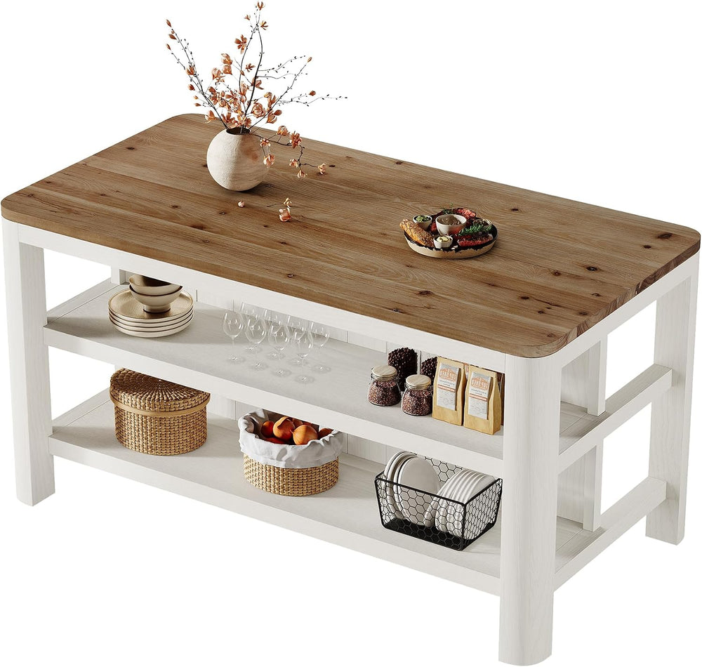 63" Solid Wood Kitchen Island with Storage Shelves, White & Brown