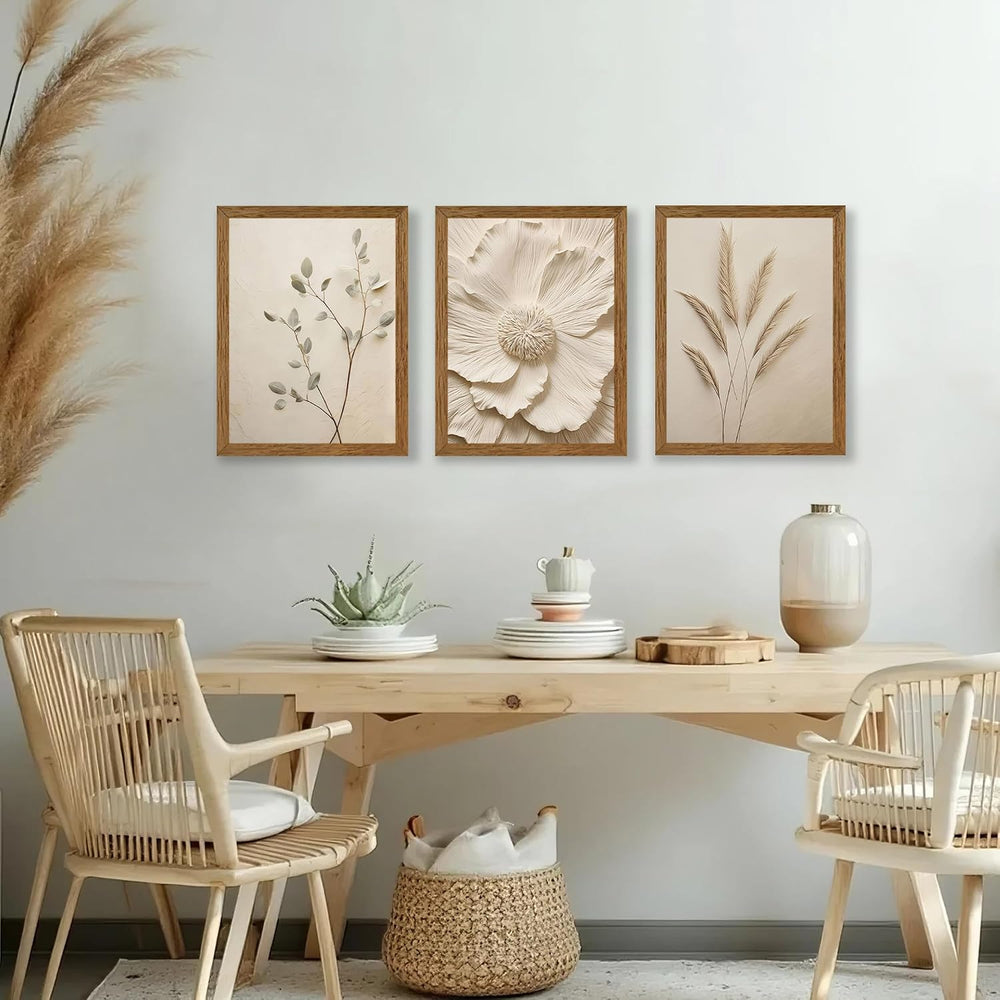 JLTULT Beige Floral Wall Art Set of 3, Solid Wood Frames, 12 x 16 in Each