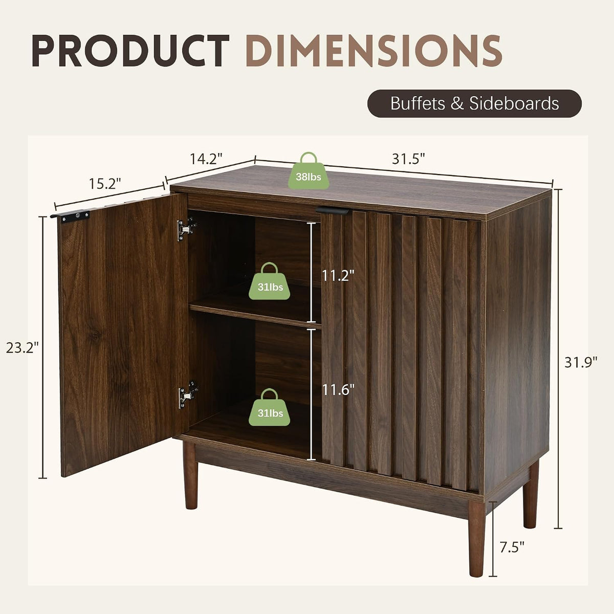 Otterease Fluted Buffet Cabinet with Storage, Small Accent Cabinets, Walnut