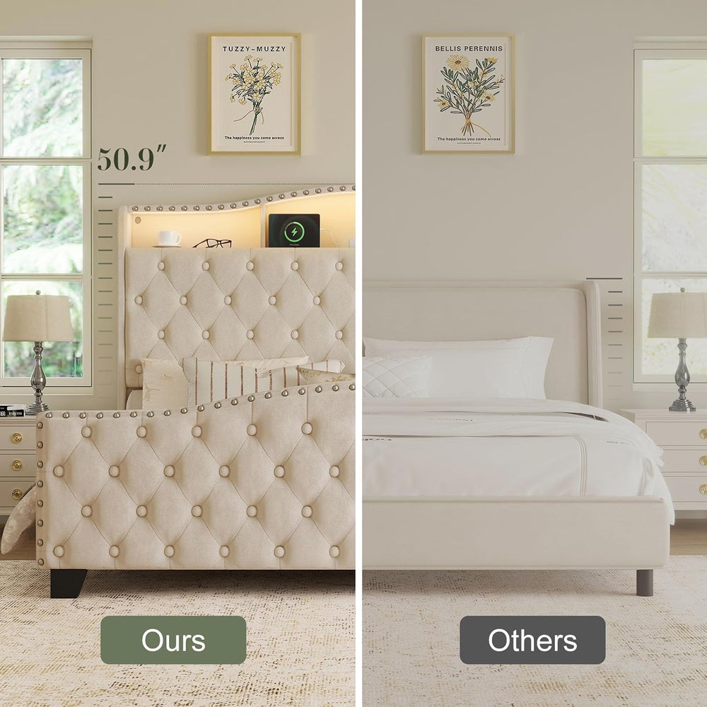 Belffin Platform Bed Frame with 50.9" LED Headboard, Queen Beige