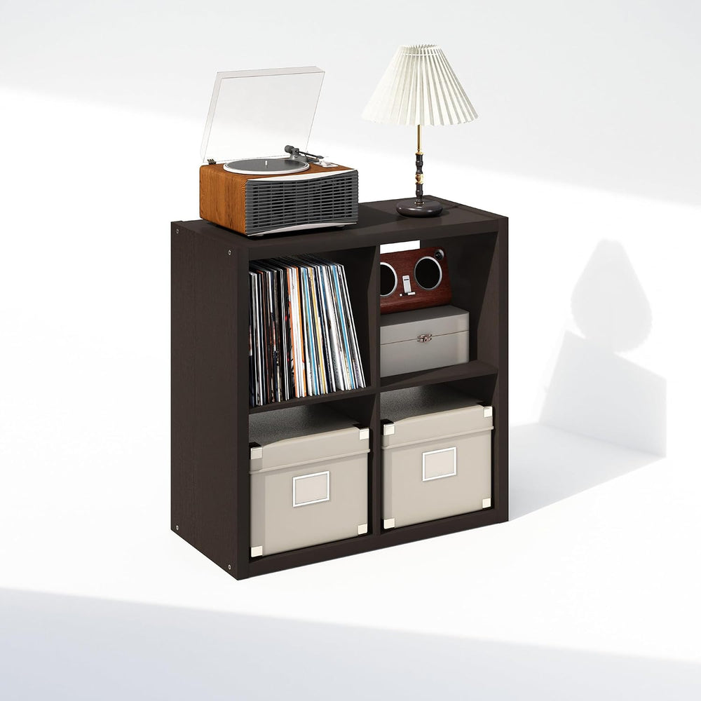 Furinno Cubicle Record Player Stand, 4-Cube Record Storage, Dark Oak