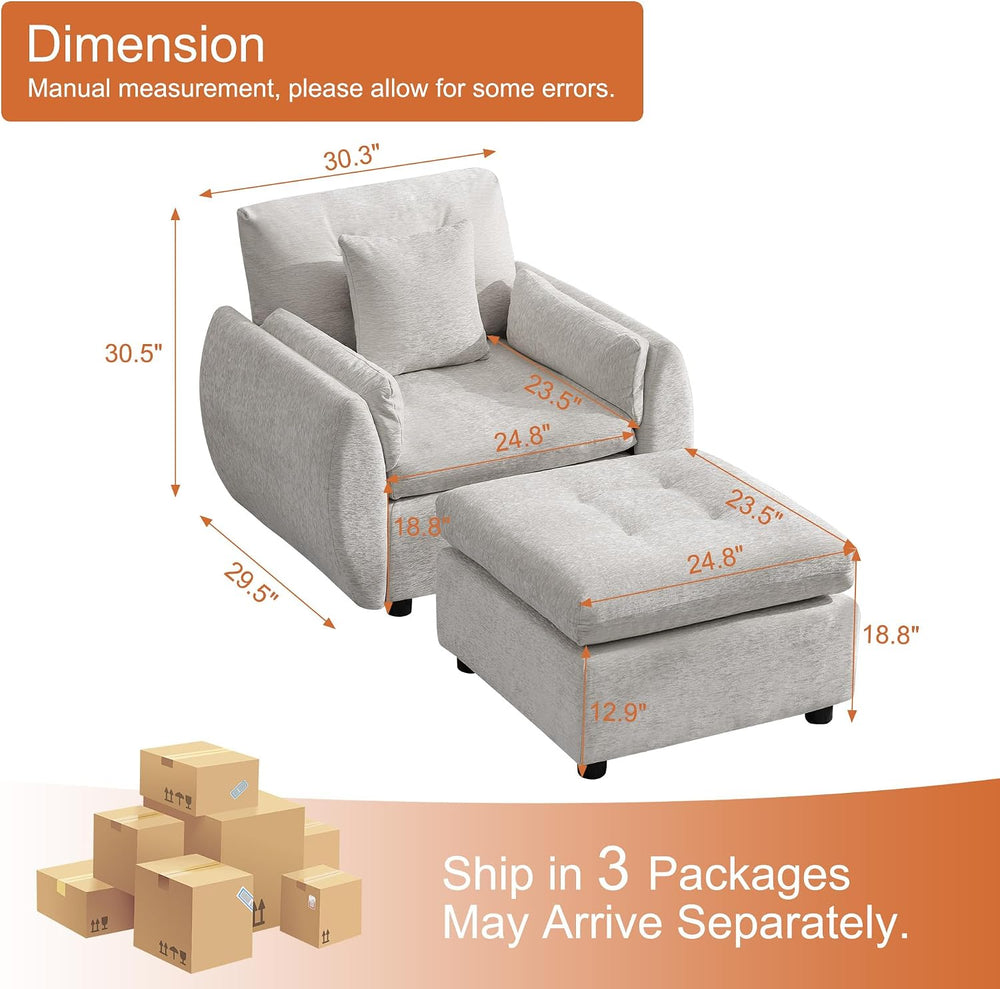 30" Modular Cloud Accent Chair with Ottoman, Deep Seat Tufted Chenille S...