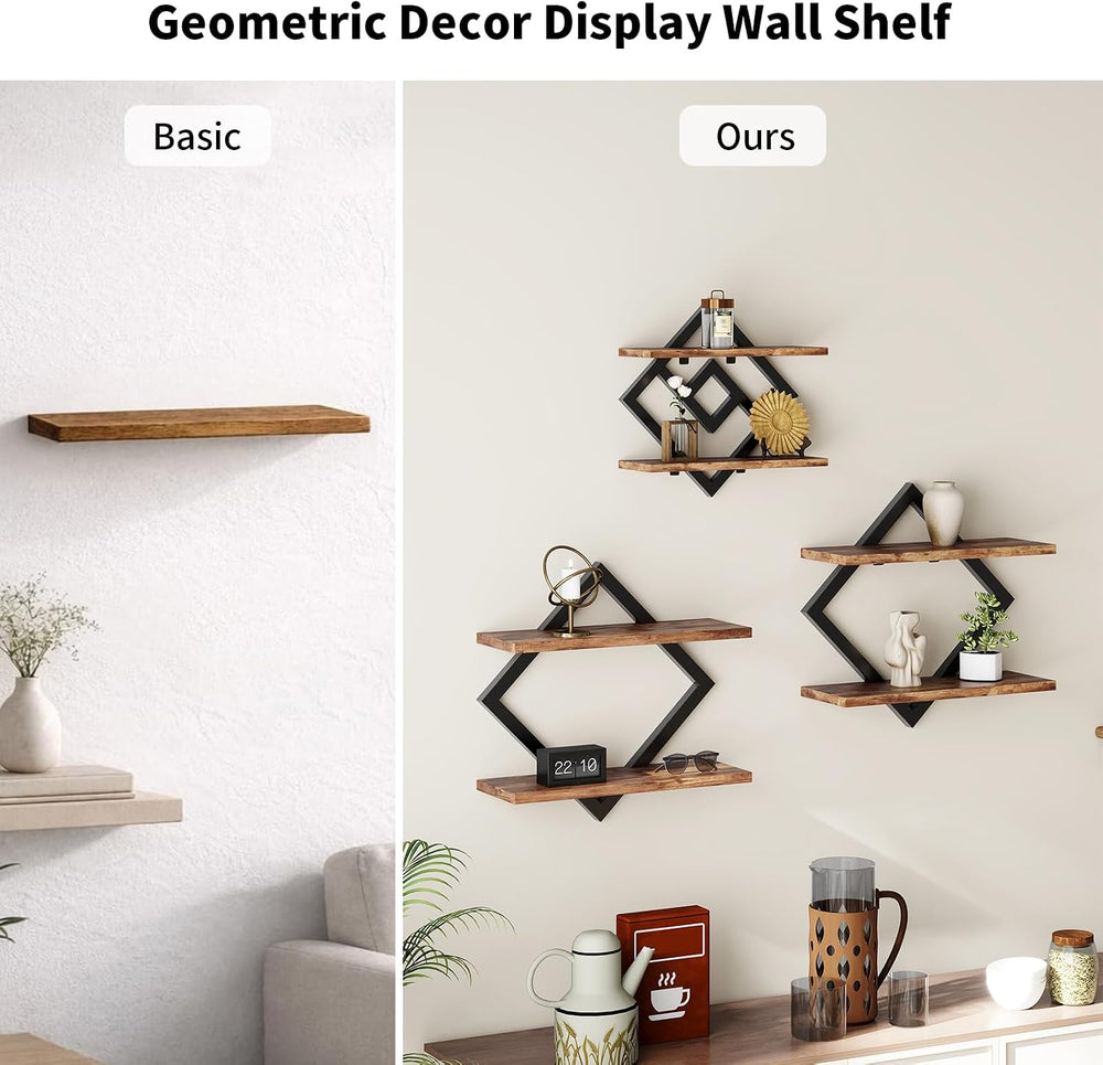2-Tier Floating Shelves on Wall, 3-Piece Set, Wooden Wall Shelf, Brown