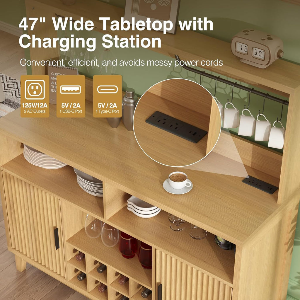 Fluted Coffee Bar Cabinet with Charging Station, 47.2" W Liquor Cabinet