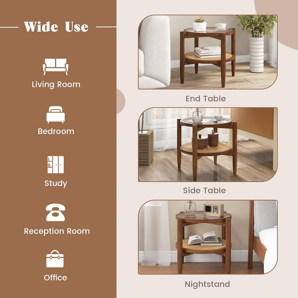 GIANTEX Rattan Round End Table Set of 2, Walnut Boho Nightstand with Tempered...