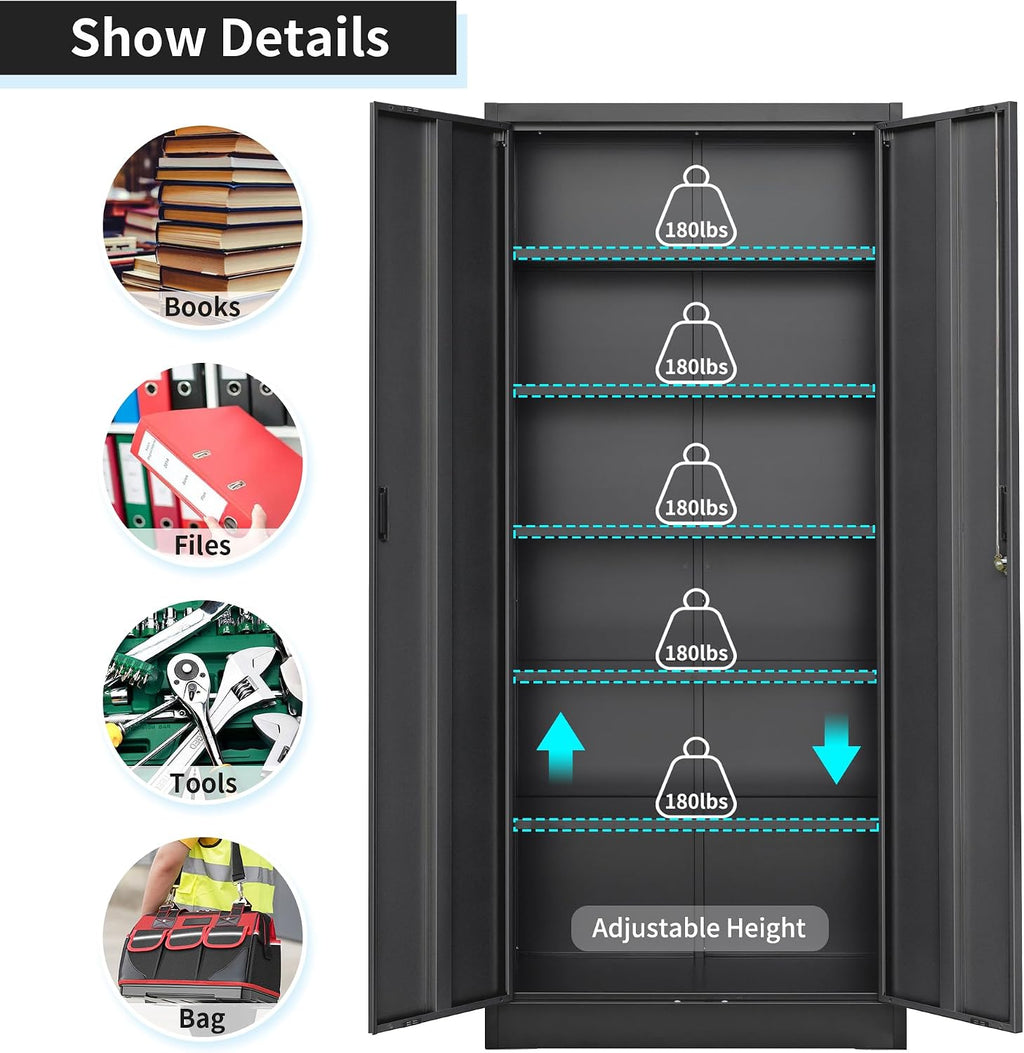 Wanfu Metal Storage Cabinet, 71”H Metal Garage Cabinet with 5 Adjustable Shelves, Locking Storage Cabinets for Garage, Home, Office, Pantry(Black)