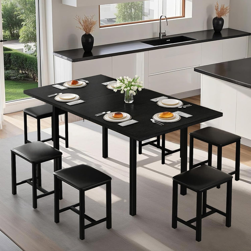 VECELO 7-Piece Dining Table Set with 6 Square PU Stools, 63" Expandable Kitchen Table with USB Charging and Metal Frame, Modern Wooden Dining Table for 2-6, Space-Saving, Easy Assembly, Black