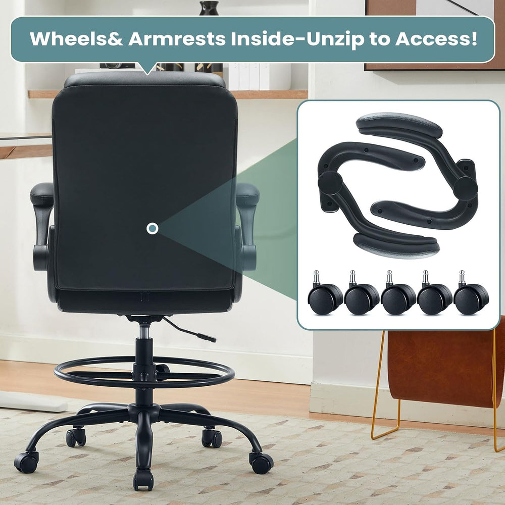 Leather Drafting Chair for Standing Desk, Tall Office Chair with Foot Ring