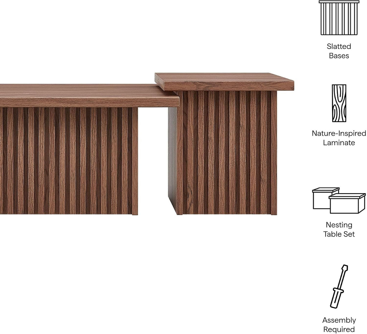 Modway Render Slatted Nesting Coffee Table Set in Walnut - 2 Piece Low Profile Coffee Table Mid Century Modern - Abstract Coffee Tables for Living Room - Nested Accent Tables