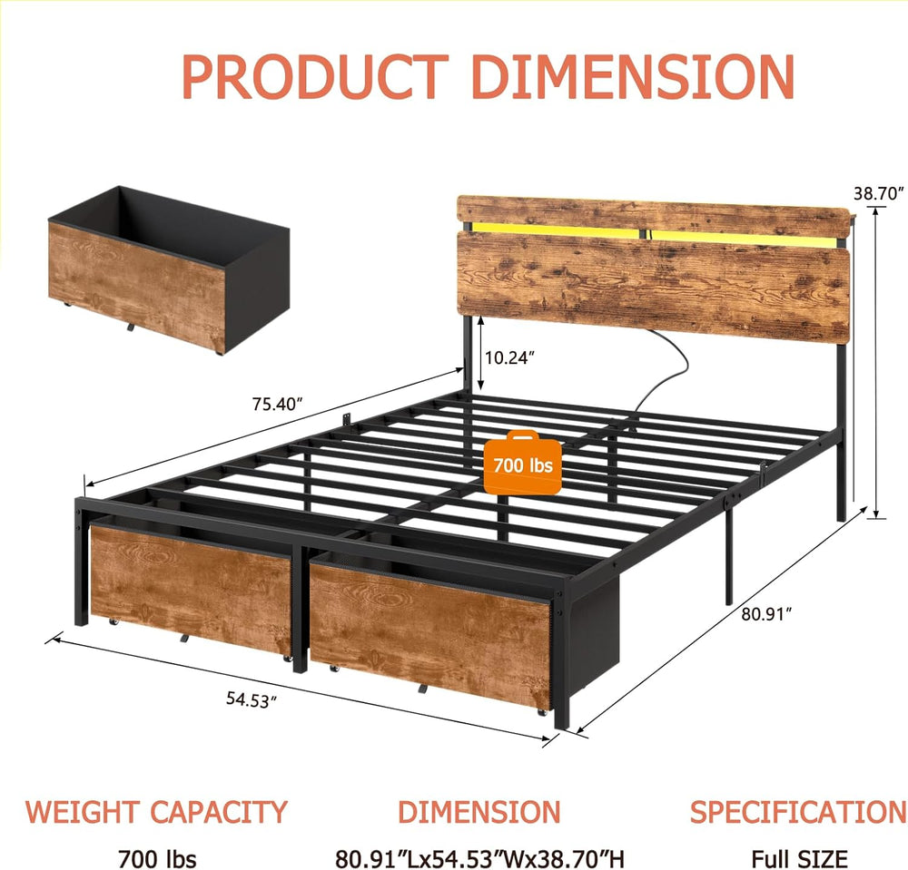 Forestell Full Size Bed Frame with Wood Headboard,2 Storage Drawers & Shelf