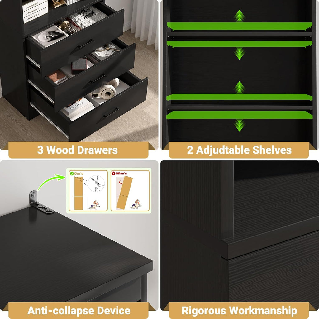 aheaplus 71-inch tall bookshelf with 3 drawers, 23.6", side view