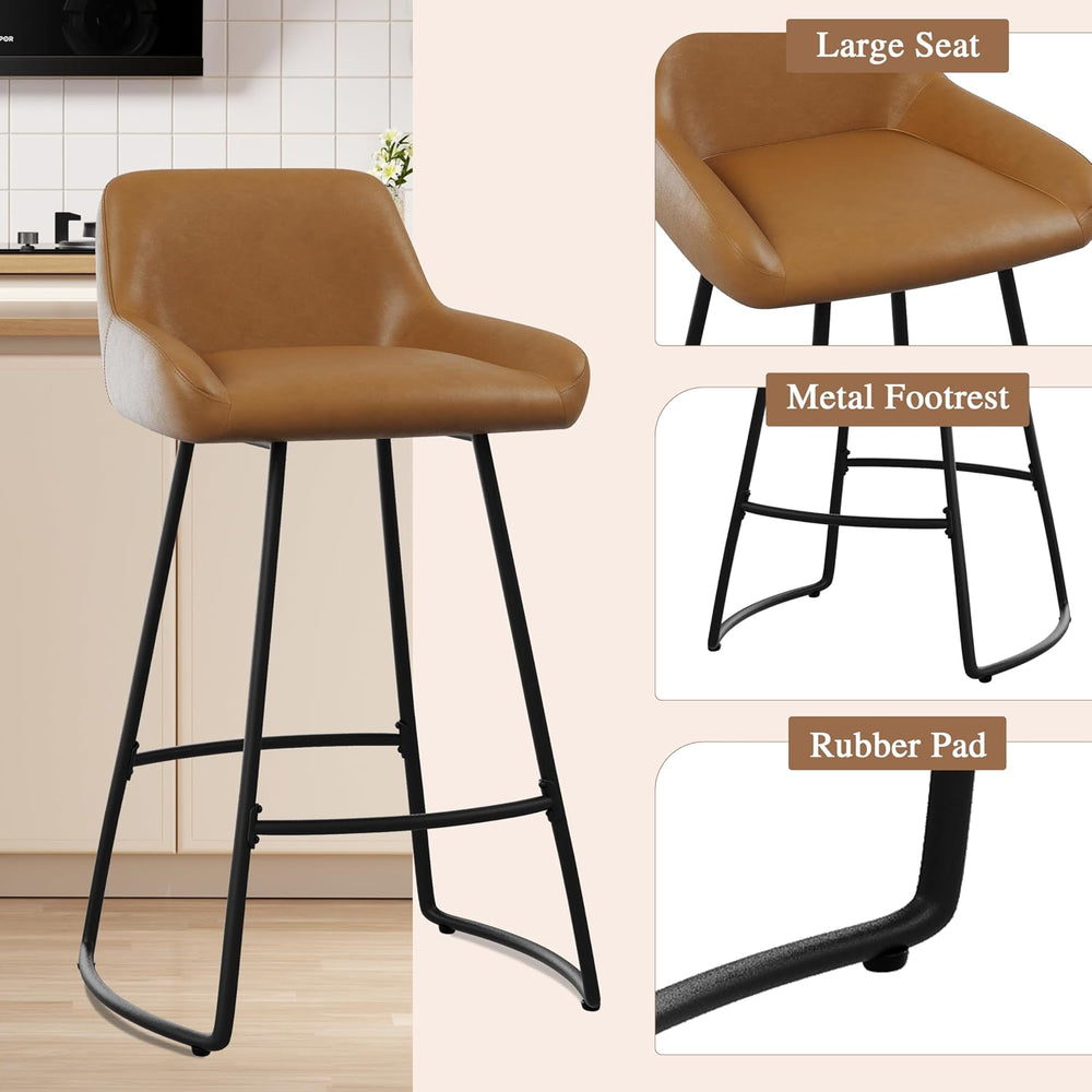 Alunaune 26inch Barstools Set of 2, Mid Century Faux Leather Counter Height B...