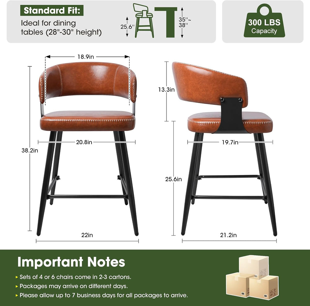 26" Counter Height Bar Stools, Padded Bar Chairs, Set of 2, Brown