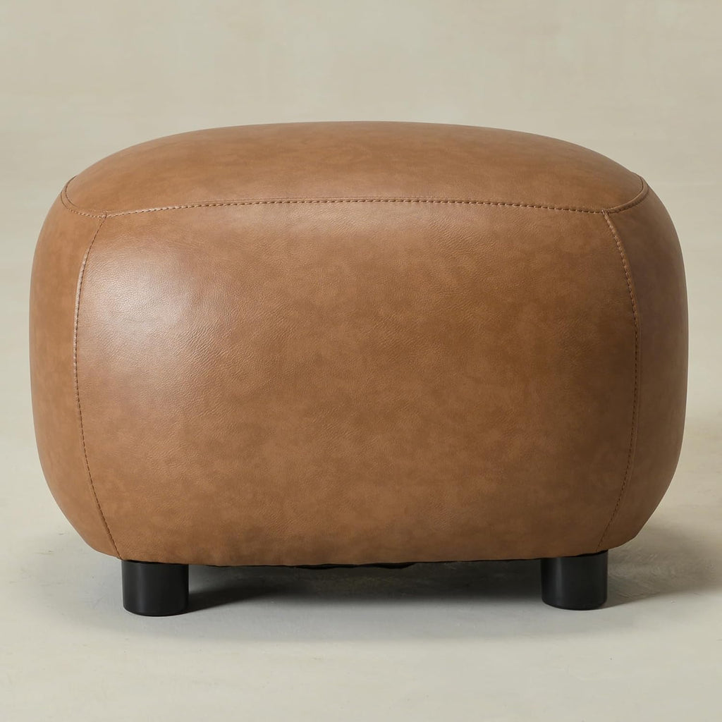 KINWELL 23" Wide Faux Leather Upholstered Ottoman Footrest, Camel | Living Room Footrest with Soft Padded Seat, Mid-Century Modern Entryway Footstool for Bedroom, Entryway or Living Room
