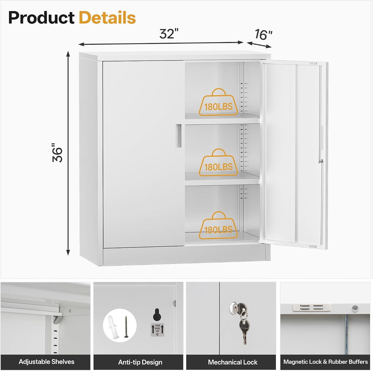 Metal Storage Cabinets，36" H White Metal Cabinet with Doors and 2 Adjustable Shelves, Lockable Storage Cabinets for Office, Home, Garage, Warehouse