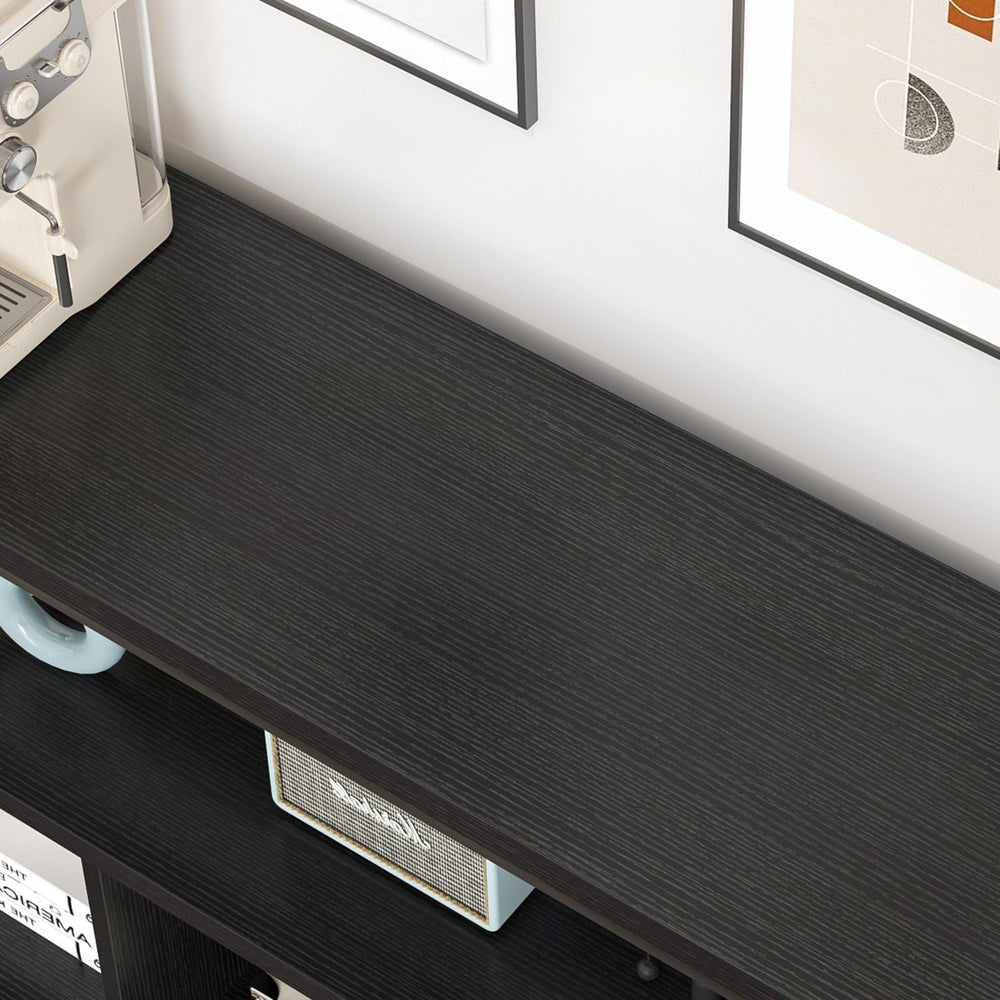 EXCEFUR Modern Black Horizontal Bookshelf, Industrial Wood & Metal Bookca...