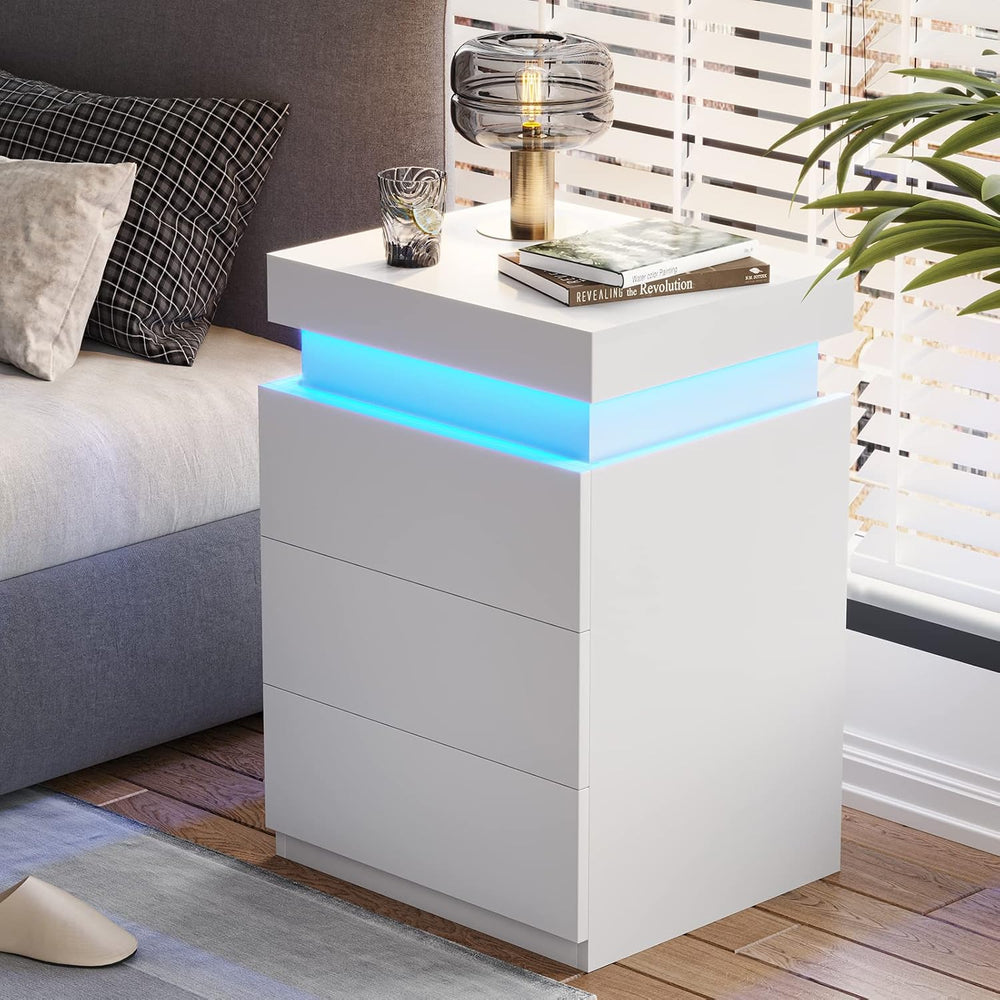 ADORNEVE White Nightstand with Charging Station and LED Lights