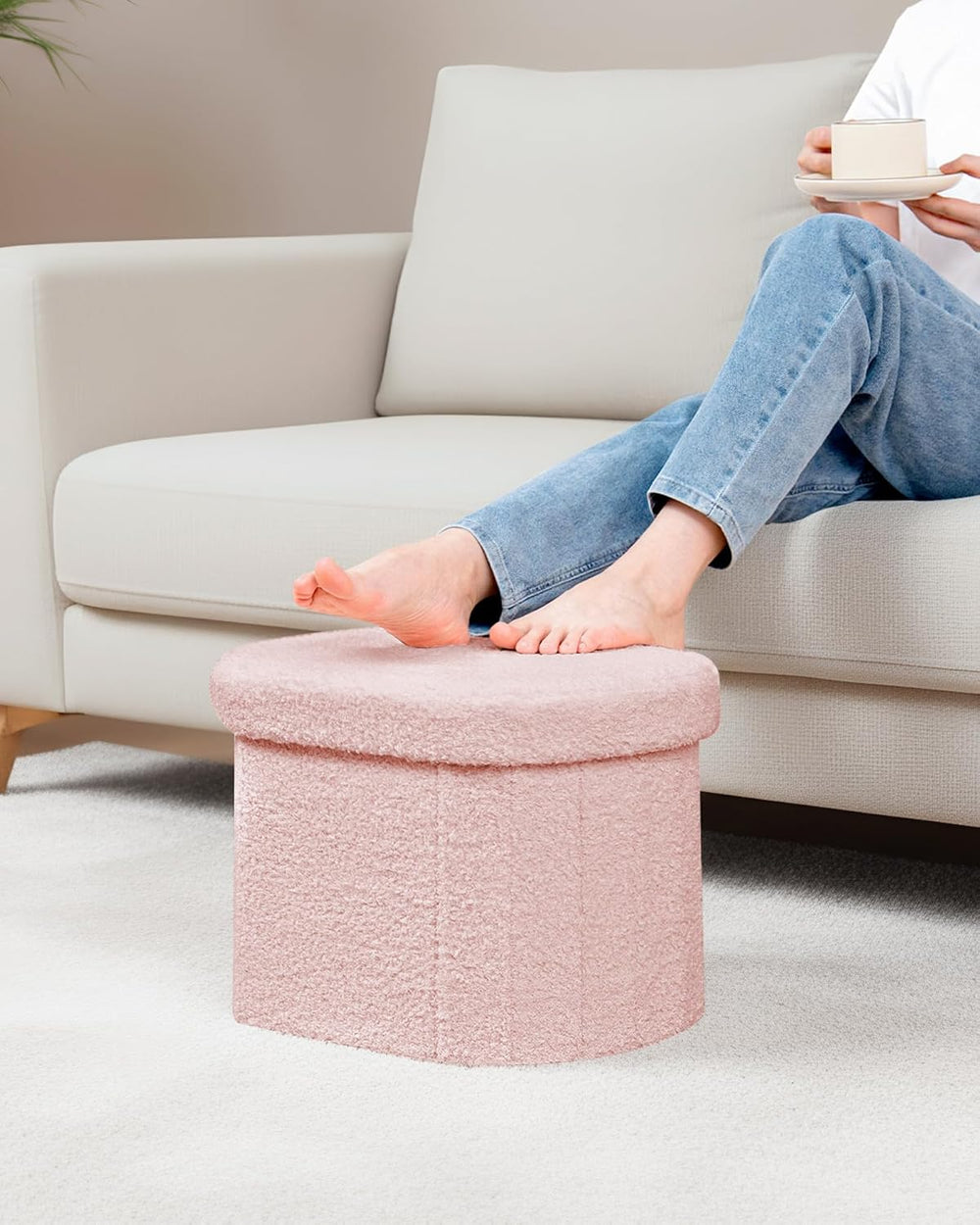 B FSOBEIIALEO 16.14" Boucle Storage Ottoman Cube for Dorm Room, Pink