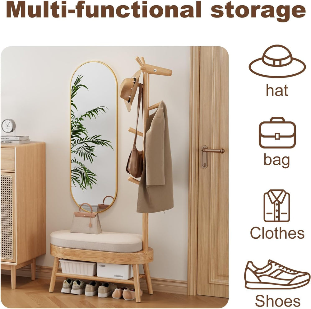 AQIMUELE Shoe Bench with Coat Rack, Shoe Rack with 9 Hooks, Natural