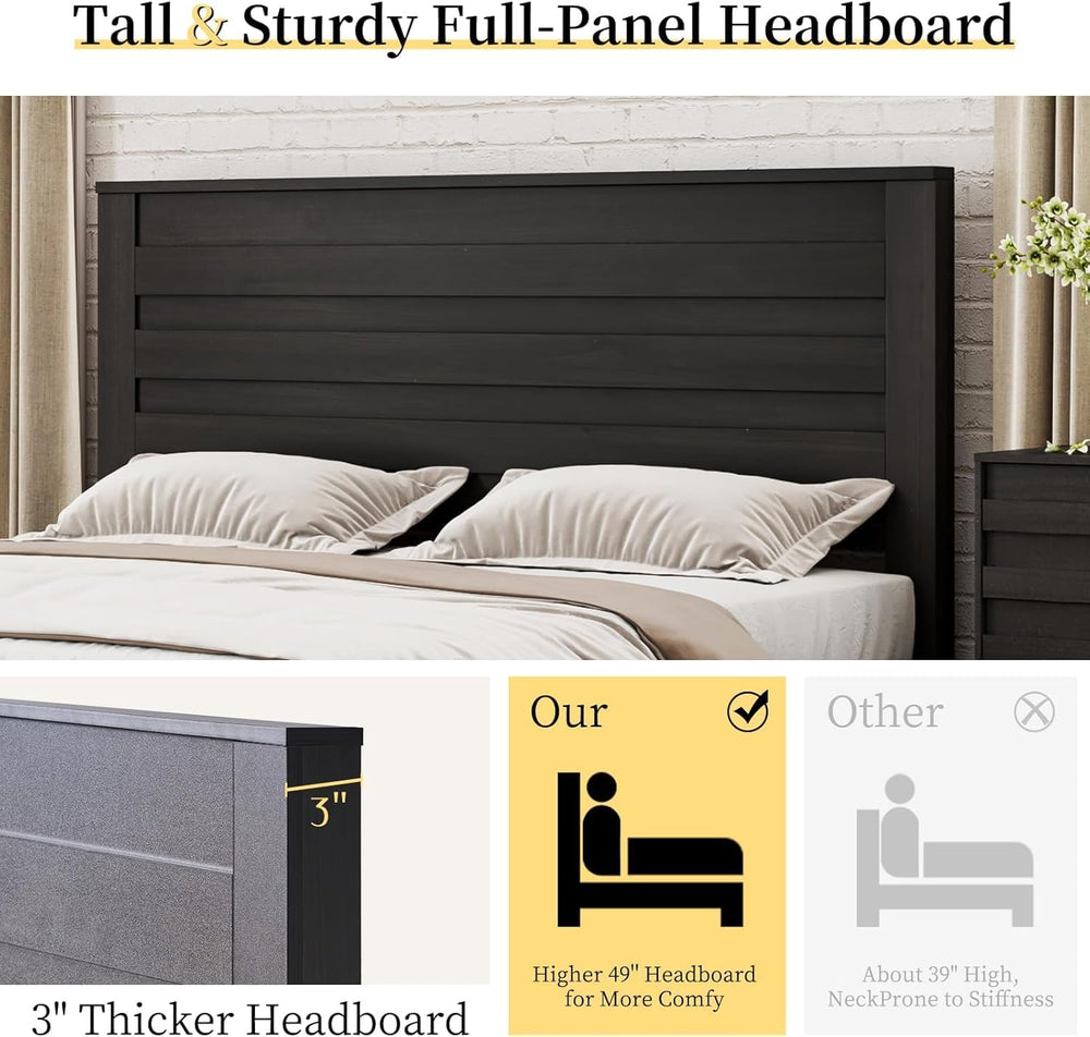 LUXOAK 3 Piece Slatted Bedroom Set Queen Bed Frame & 2 Nightstands, Black
