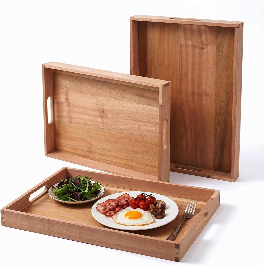 3-piece Set Wooden Serving Tray with Handles (17 Inches) – Decorative Serving...