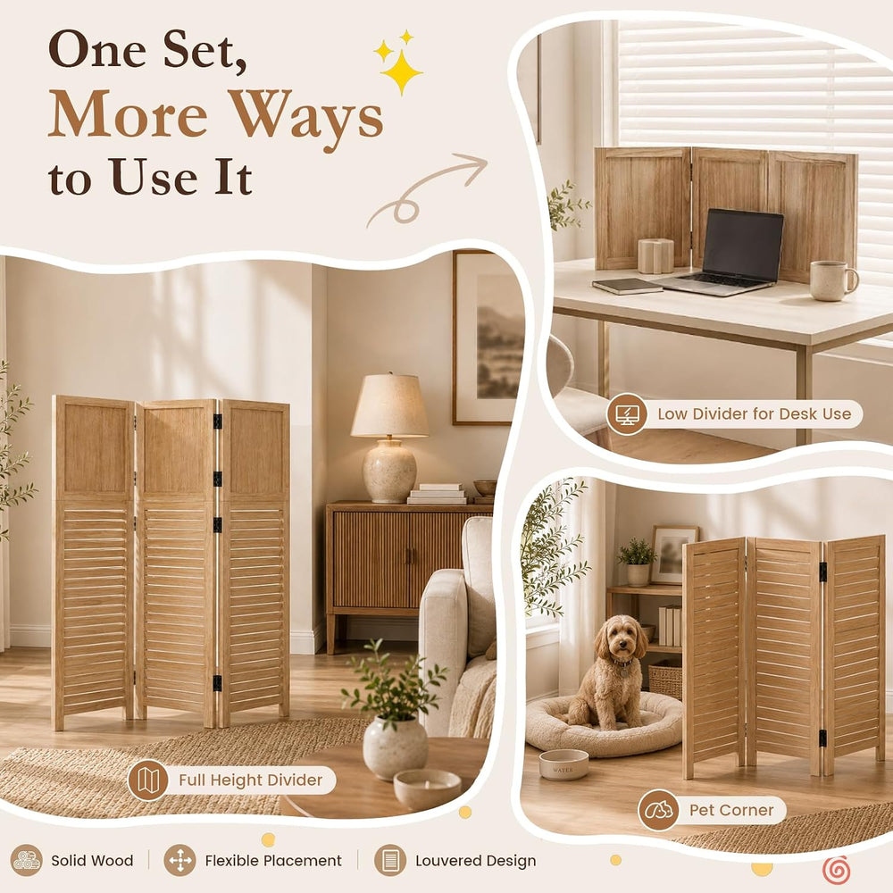 1 Pack 3 Panel Wood Short Room Divider Folding Screen Light Brown