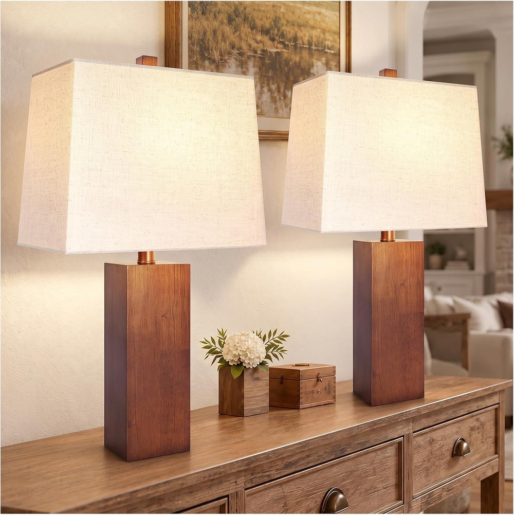 23" Solid Wood Table Lamp Set of 2 for Living Room, 3-Way Dimmable Bulb