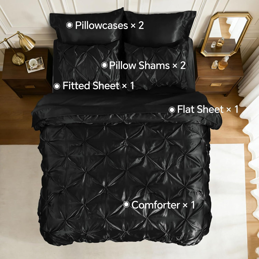 BEDELITE Satin Comforter Set Queen, 7 Pieces Pintuck Bed in A Bag, Black