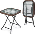 VINGLI 18in Modern Brown Rattan Folding Glass Outdoor Side Table, Small Patio Table with Tempered Glass Top,Rectangular,1 Pack